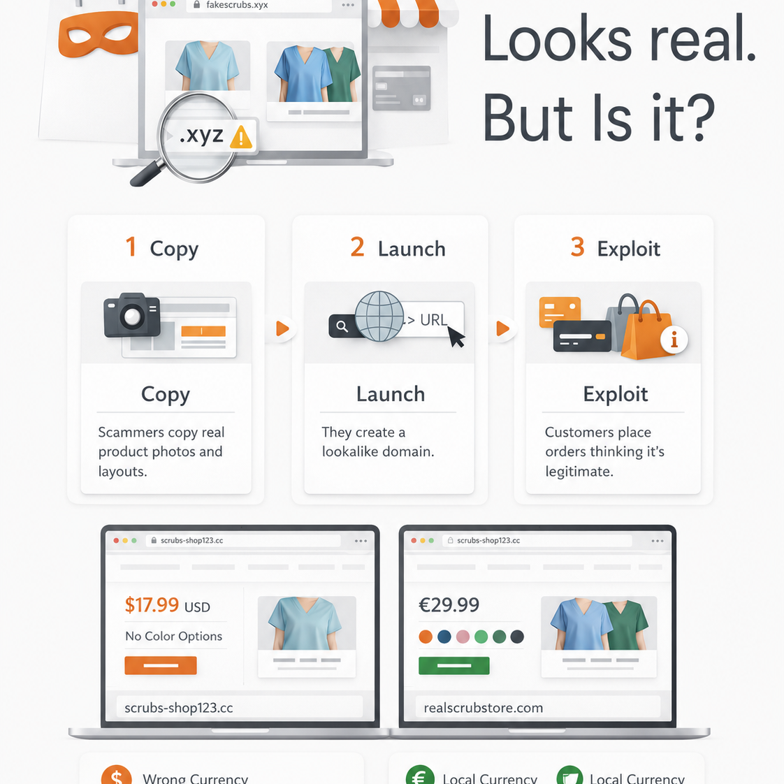 Infographic showing how fake online stores copy real scrub websites, use suspicious domains and misleading prices, with checks for safe online shopping.