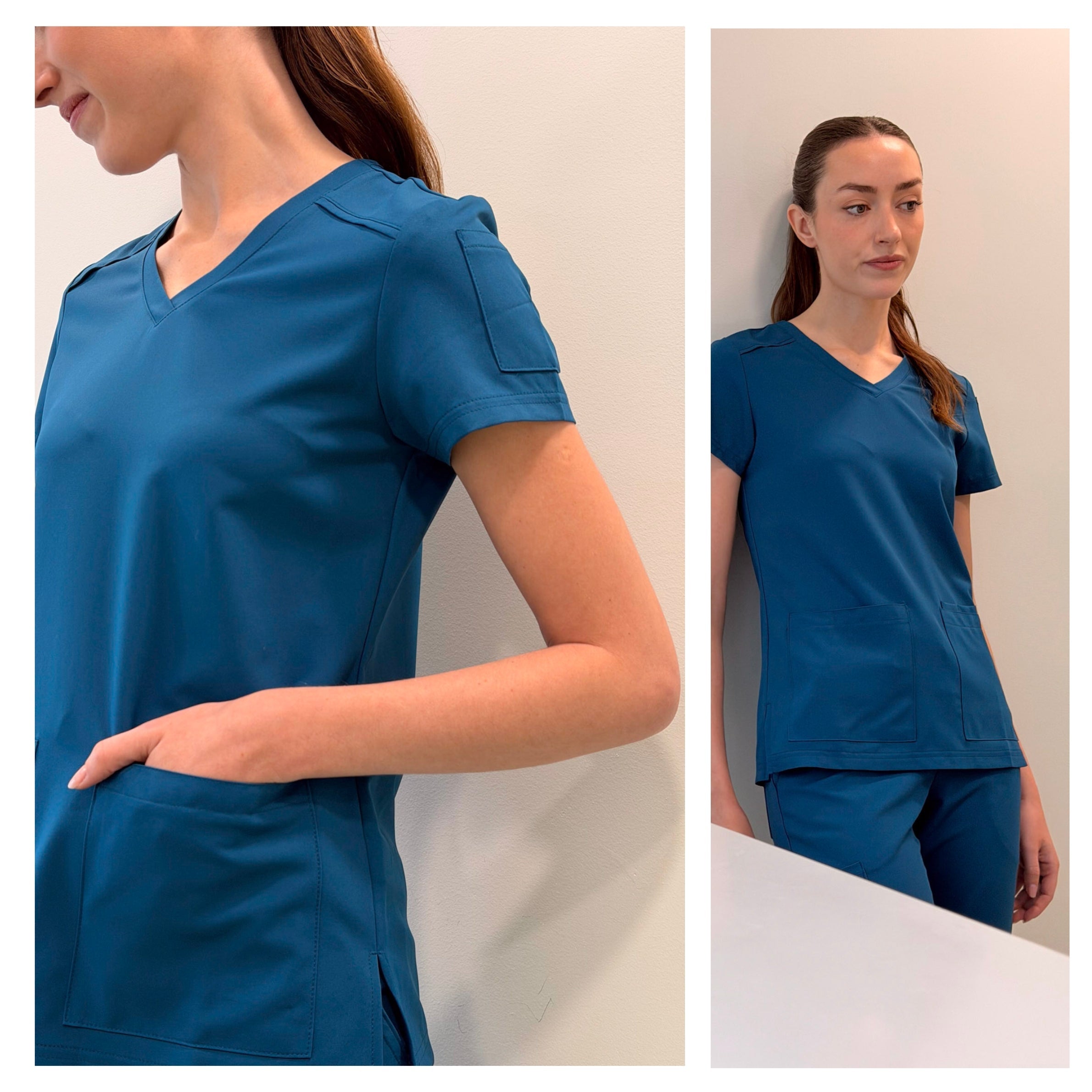 Healthcare professional wearing a teal scrub top and matching trousers, shown in two angles highlighting the V-neck design, pockets and fitted silhouette.