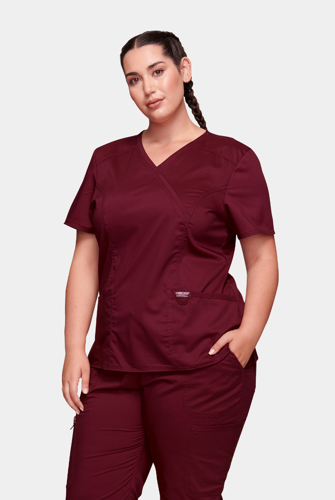 Cherokee WW Revolution Mock Wrap Scrub Top WWE610-Wine