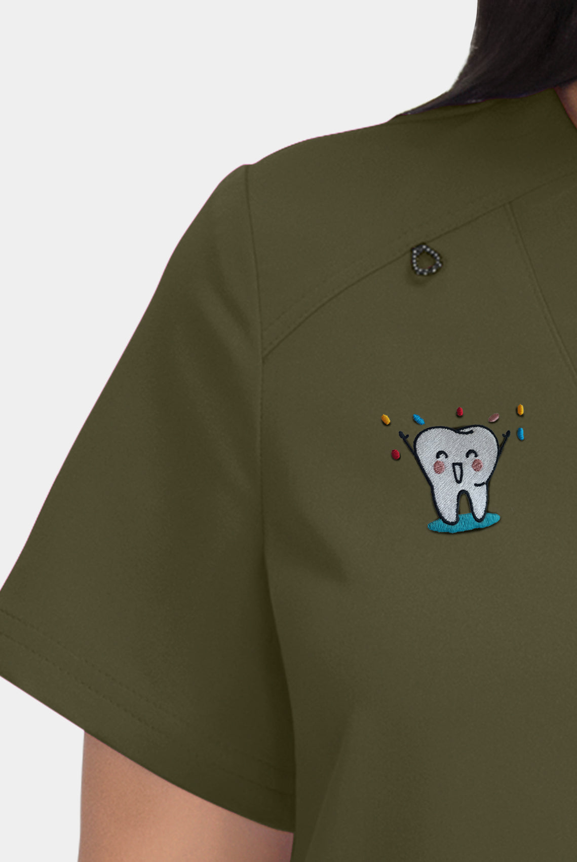 Hustle and Heart olive embroidery close-up