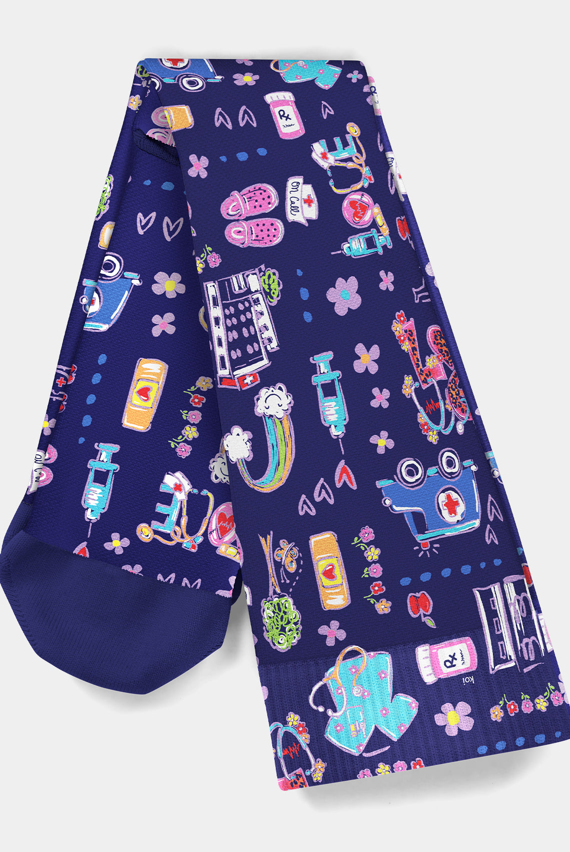 Navy blue knee-high compression socks with colourful ambulance pattern