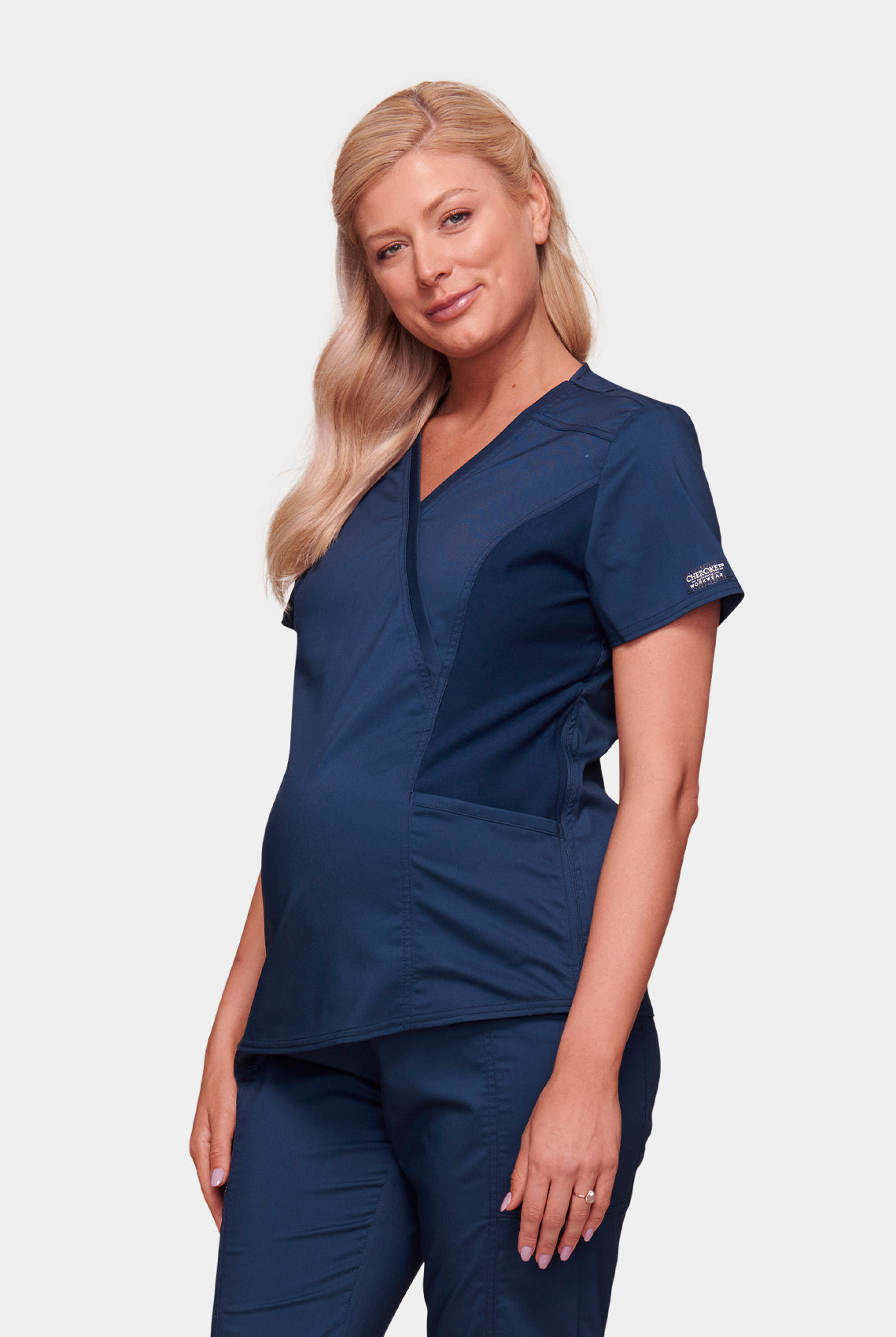 Cherokee WW Revolution Maternity Mock Wrap Scrub Top WWE688-Navy