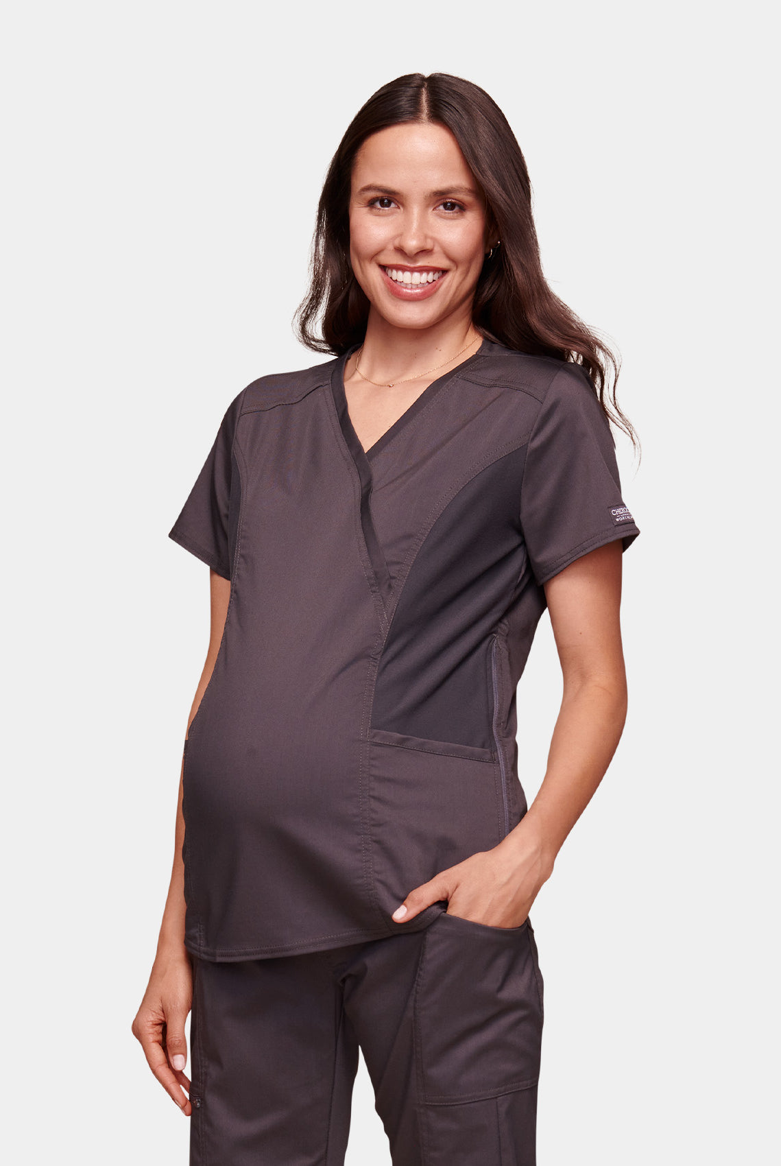 Cherokee WW Revolution Maternity Mock Wrap Scrub Top WWE688-Pewter