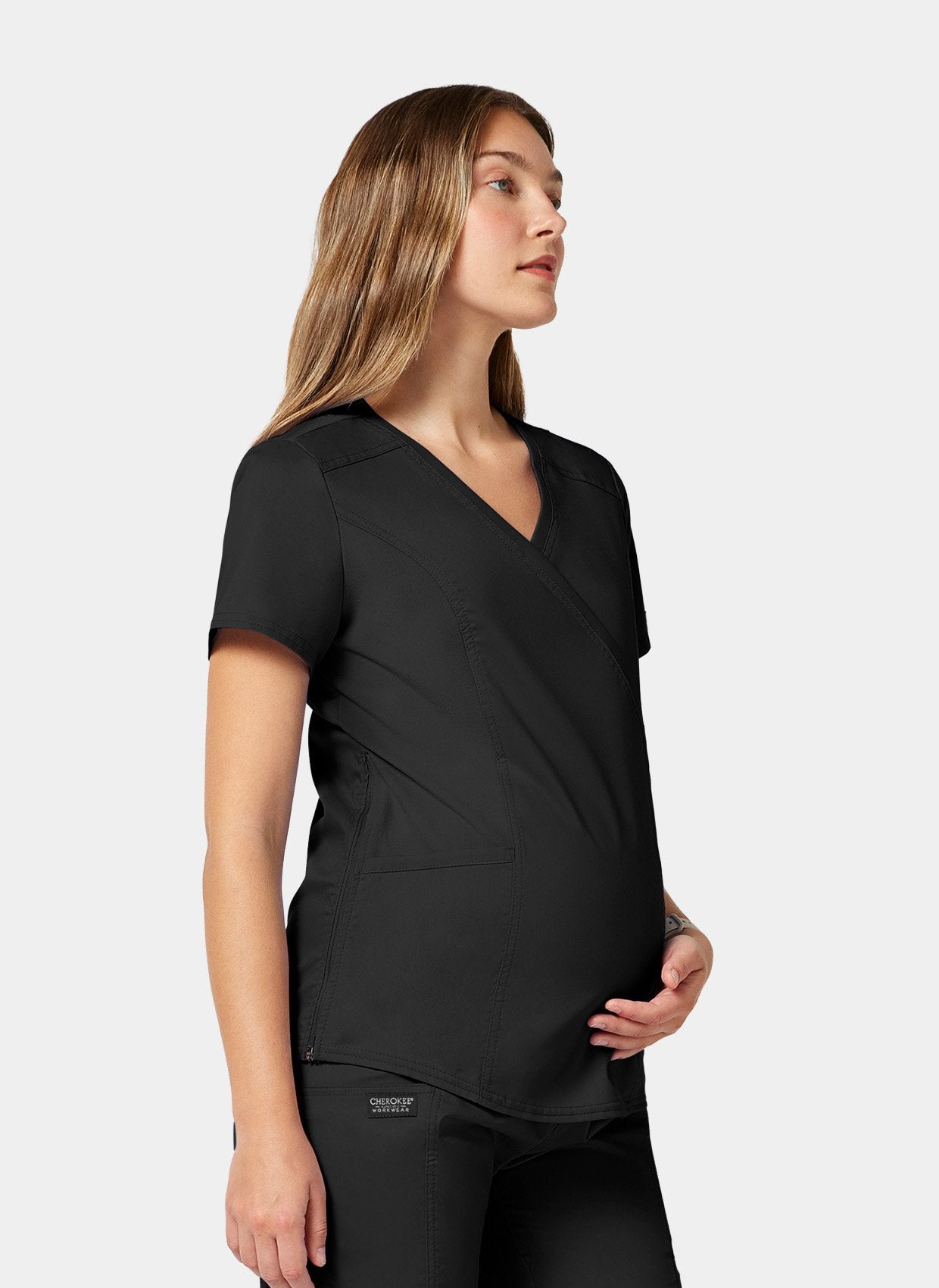 Cherokee WW Revolution Maternity Mock Wrap Scrub Top WWE688-Black - Side image