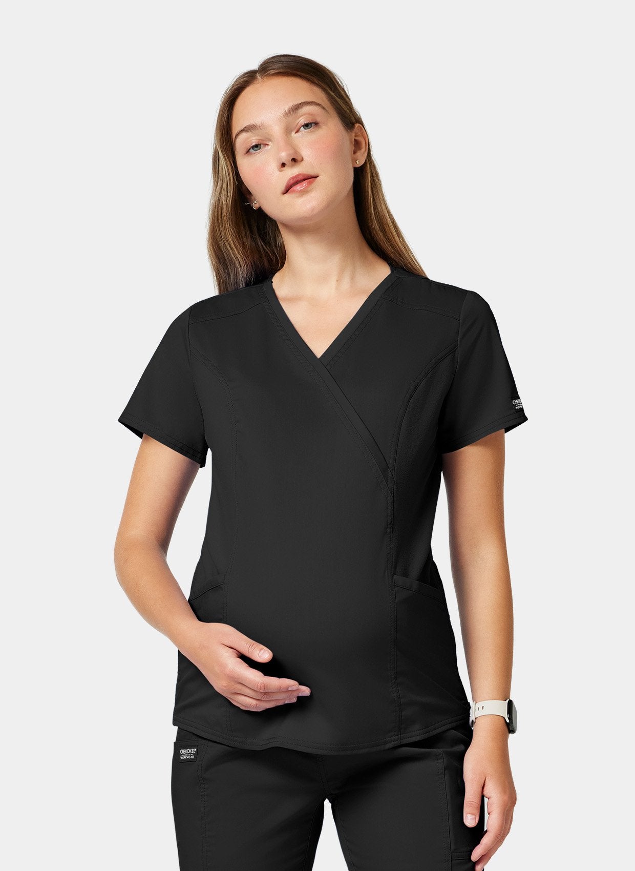 Cherokee WW Revolution Maternity Mock Wrap Scrub Top WWE688-Black Front facing image