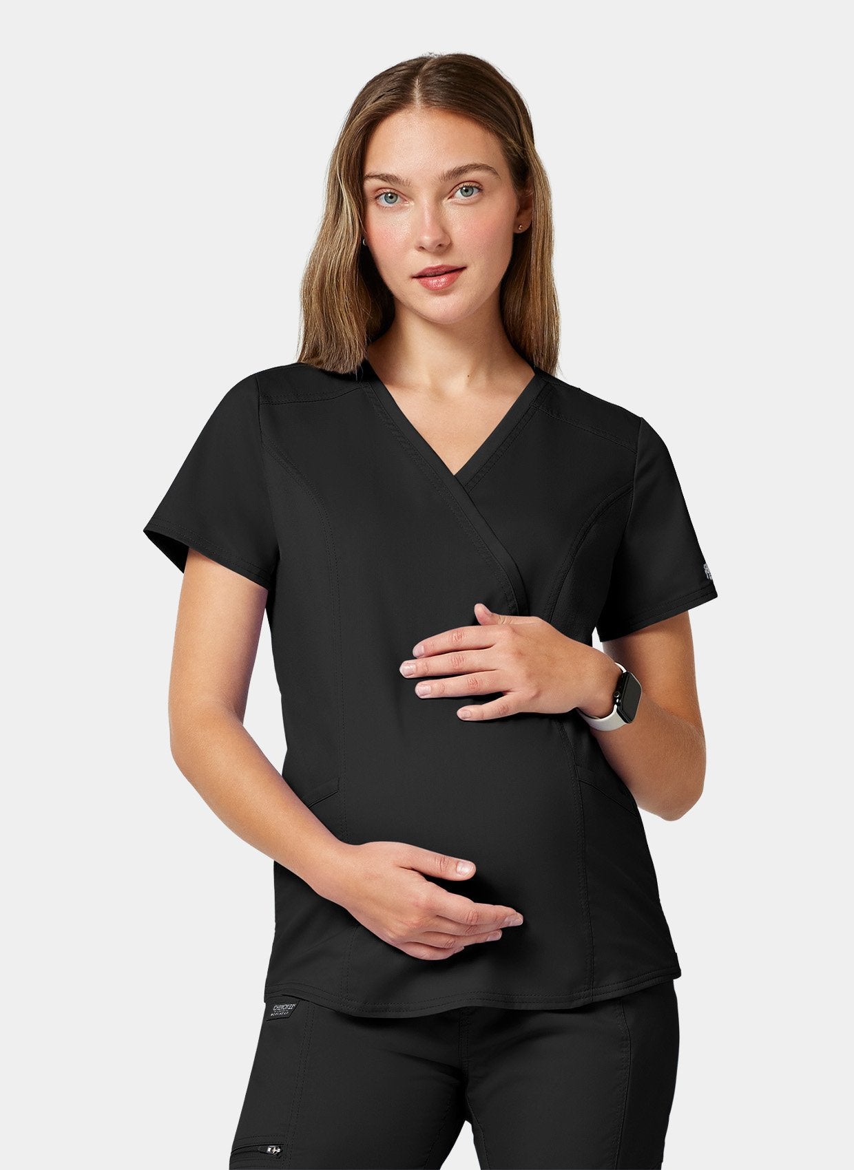 Cherokee WW Revolution Maternity Mock Wrap Scrub Top WWE688-Black Front facing image