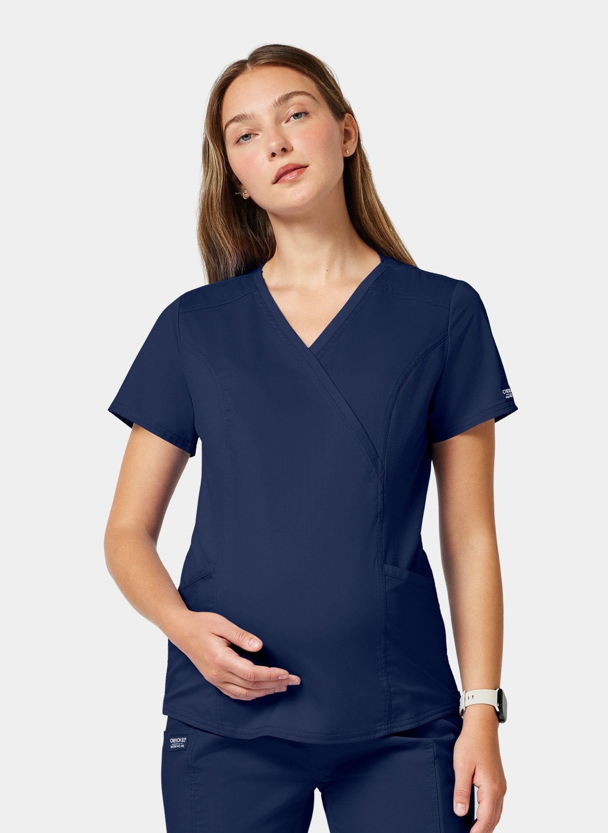 Cherokee WW Revolution Maternity Mock Wrap Scrub Top WWE688-Navy - Front facing