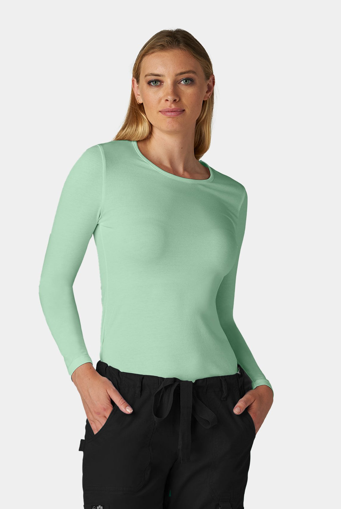 womens koi essentials long sleeve underscrub tender tee soft green