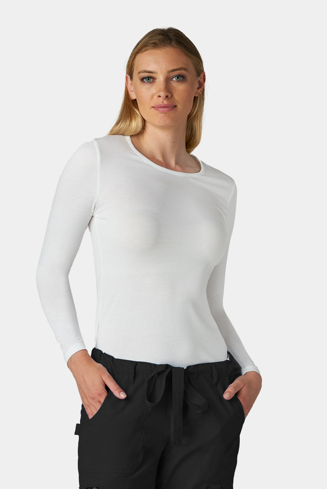 womens koi essentials long sleeve underscrub tender tee white