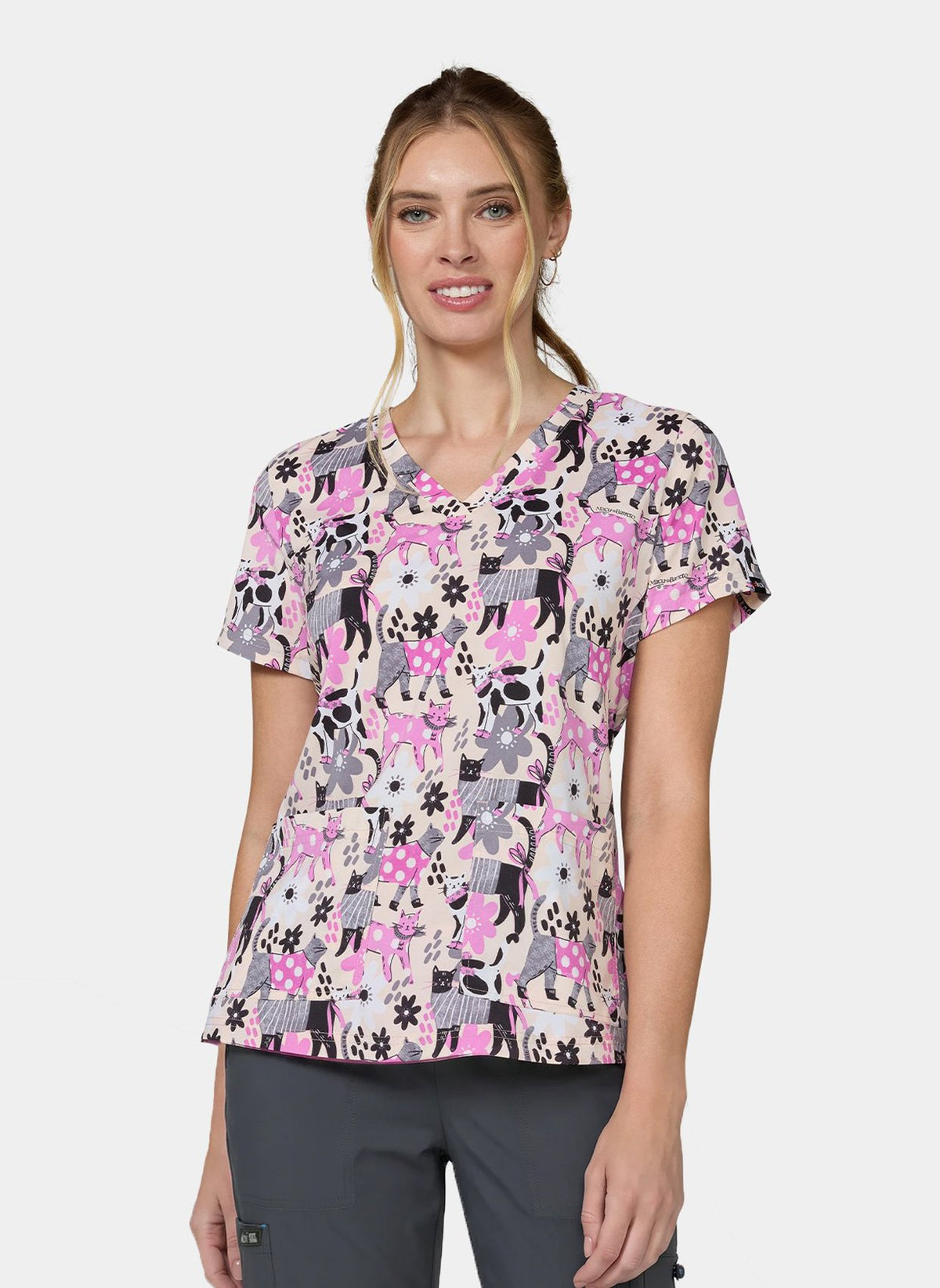 Women's Koi Basics Leslie Scrub Top in Everyday Floral Cats