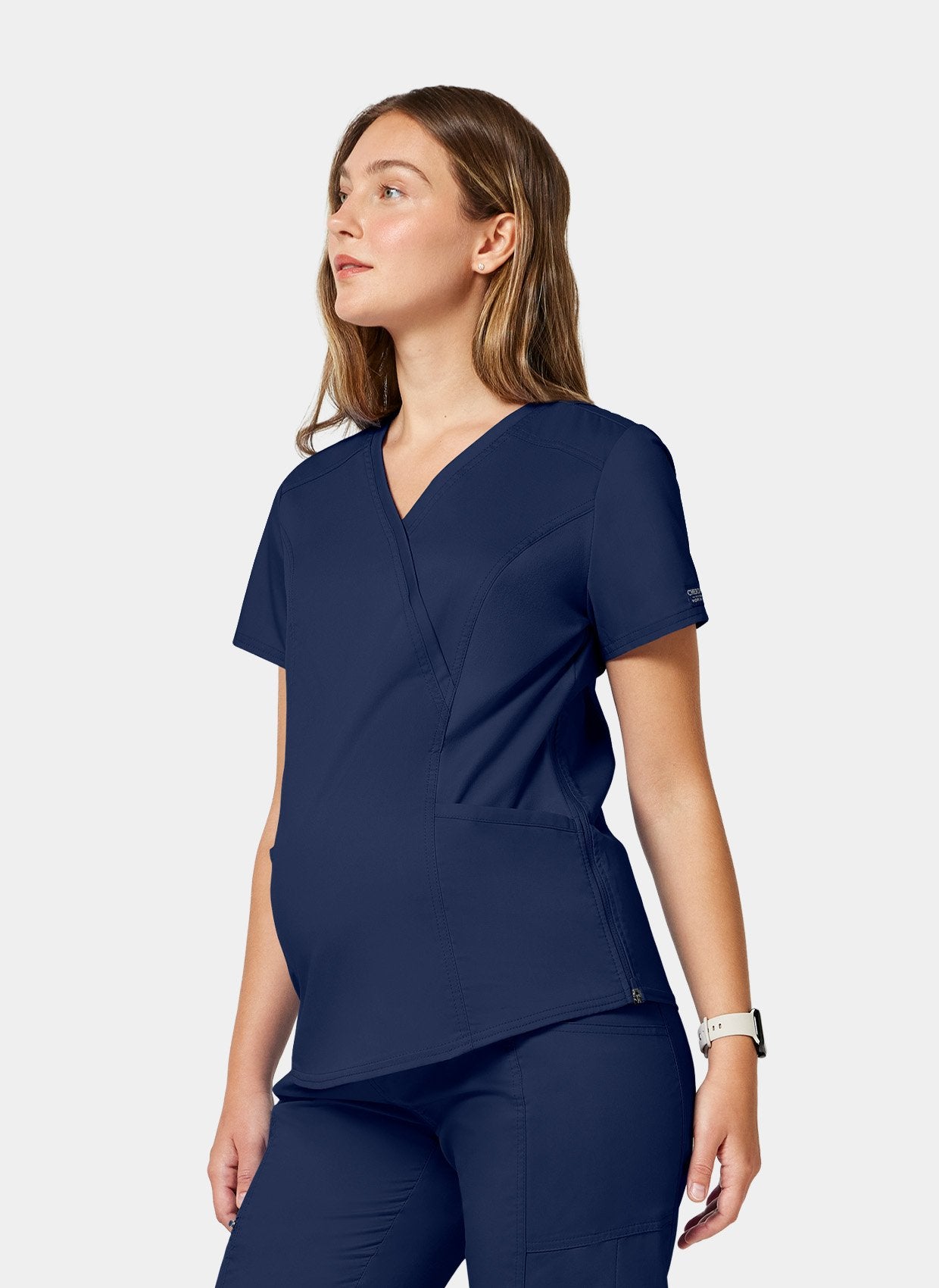 Cherokee WW Revolution Maternity Mock Wrap Scrub Top WWE688-Navy - Side Close up