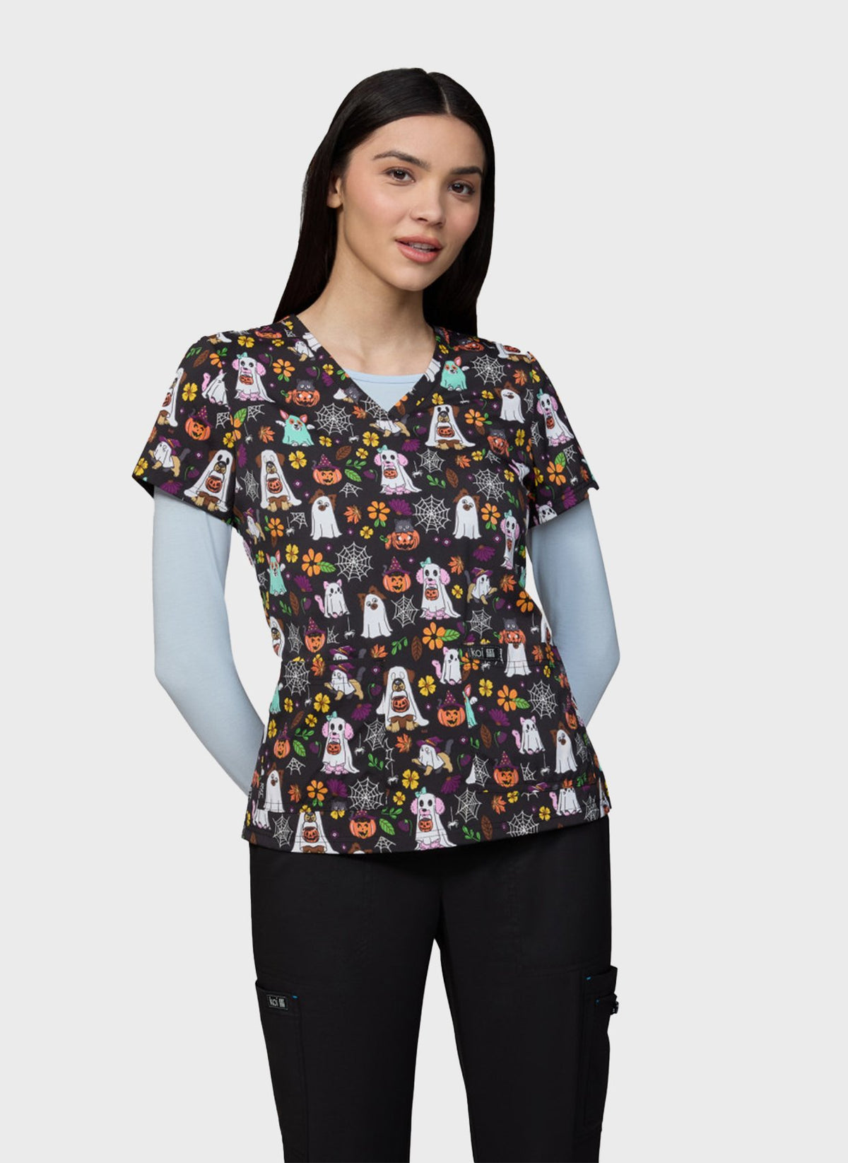 womens-scrub-top-koi-basics-leslie-ghostly-critters